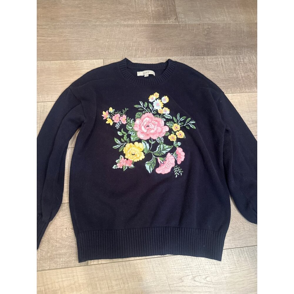 Floral Embroidered Womens Knit Sweater By Loft Large Cotton Blend Black